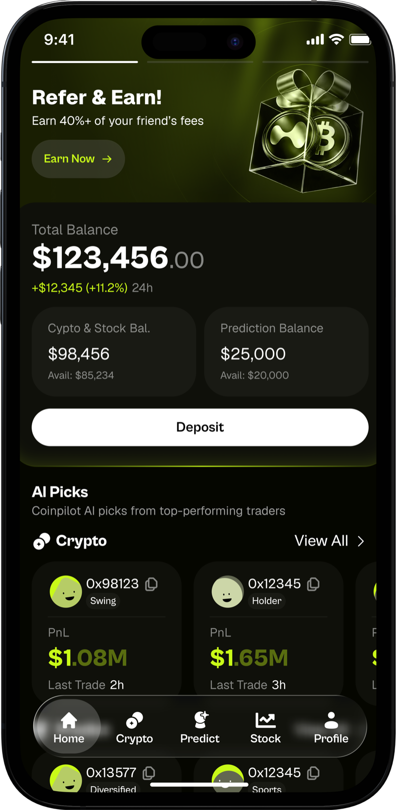 The Coinpilot app home screen: total balance, and AI picks from top-performing traders