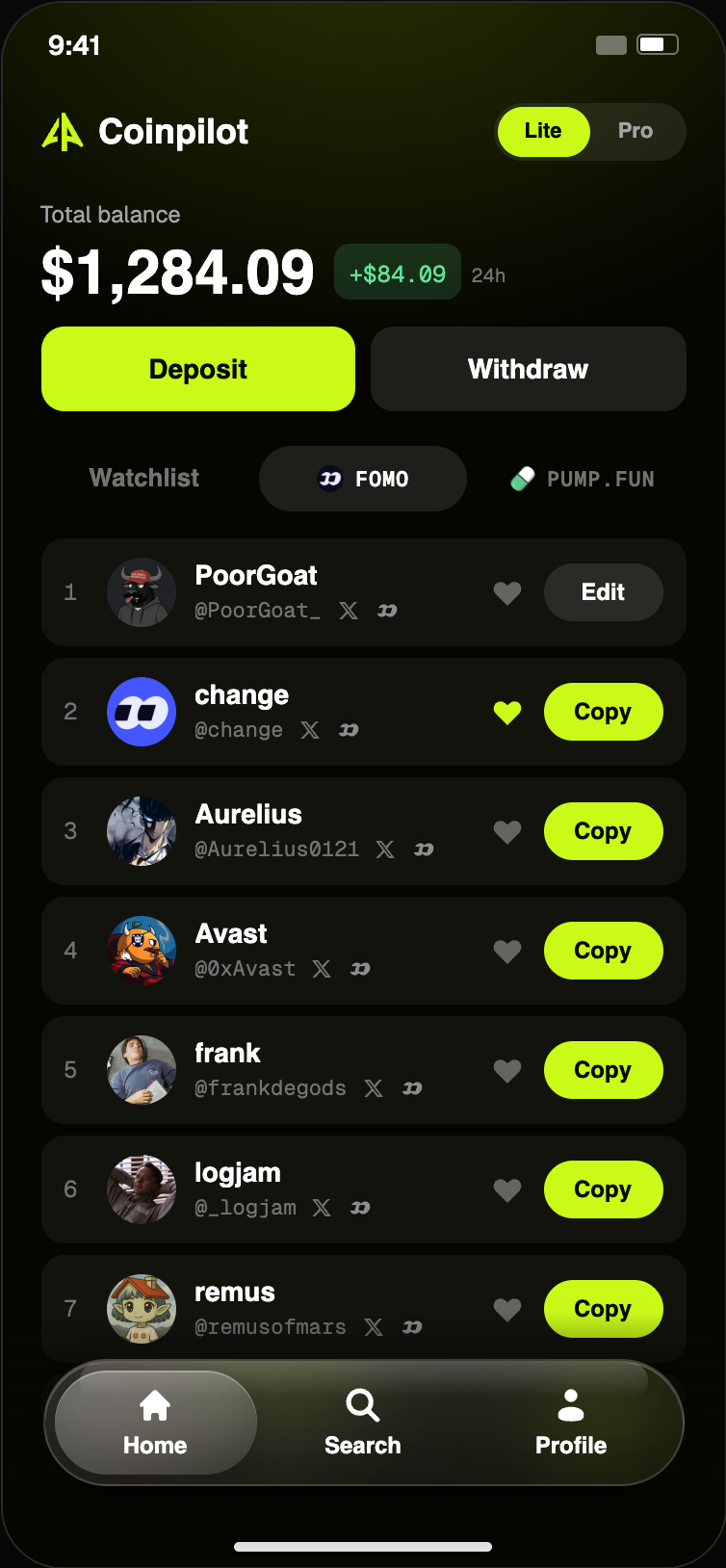 Coinpilot Lite leaderboard screen