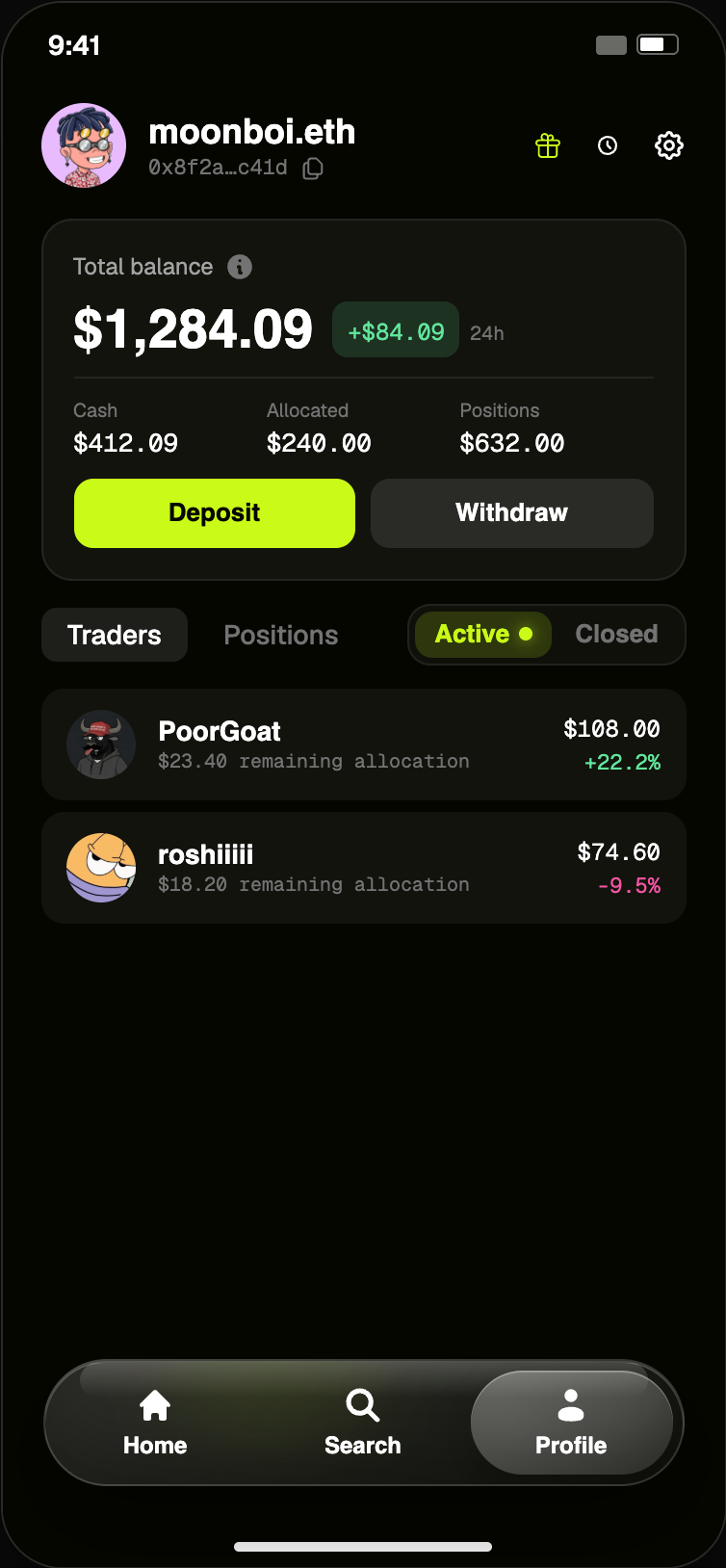 Coinpilot Lite trader profile screen